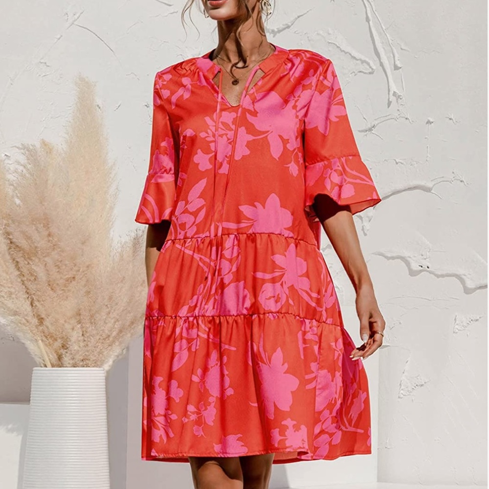 Womens 3/4 flutter sleeve Poppy Red and Pink floral dress 2xl NWOT